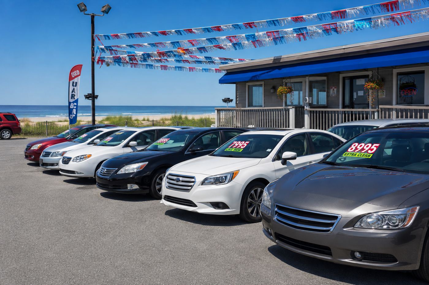 A row of used cars with windscreen price stickers under pennant banners on an open lot beside a beach